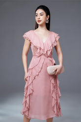 Susie V Neck Sleeveless Ruffle Formal Organza Midi Dress